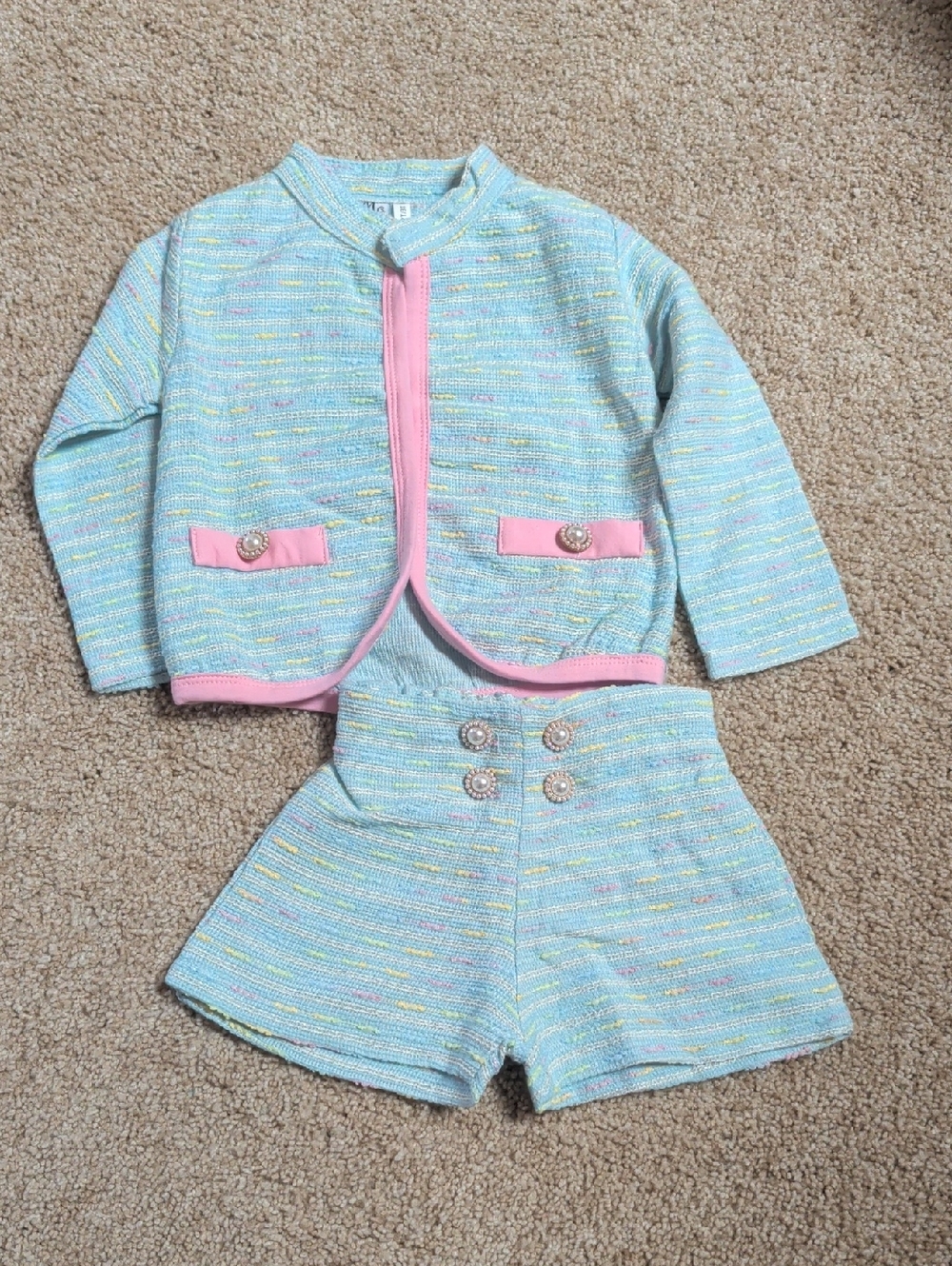 Girls Pastel Tweed Two-Piece Set with Pink Trim